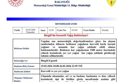 Bingöl için ‘Kuvvetli Yağış’ uyarısı