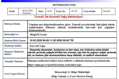 Tunceli için kuvvetli kar yağışı uyarısı